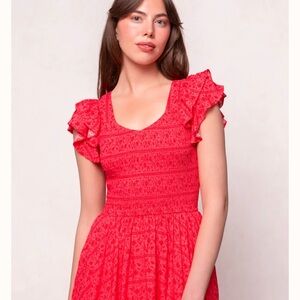 Ivy City Co Red Smocked Midi Dress with Pockets